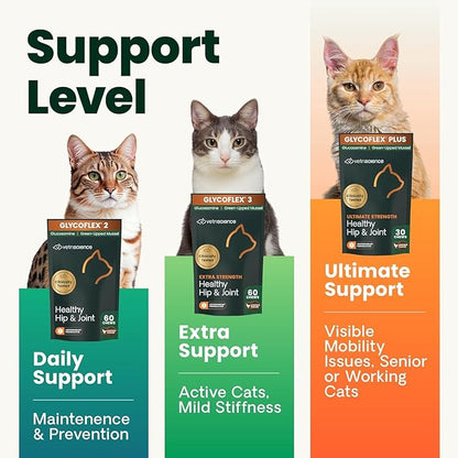 VetriScience Healthy Hip & Joint Chews, GlycoFlex Glucosamine and Green-Lipped Mussel Joint Support Supplement for Cats, Promote Mobility and Protect Joints, Chicken, 60 Count