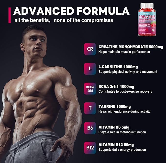 Creatine Monohydrate 8000mg Gummies with BCAA, L-Carnitine, Taurine & Vitamin B12 - Pre Workout Supplement for Muscle Growth, Strength & Energy, Raspberry Flavor Gummies, 90 Count for Men & Women