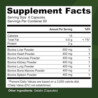 Beef Organ Supplement Grass Fed - 7 Beef Organs Complex from New Zealand - Liver Heart Pancreas Kidney Lung Spleen Bone Marrow - Non-GMO, No Fillers, Hormone & Antibiotic Free - Carnivore Diet - 360ct