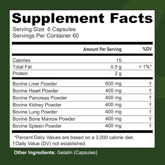 Beef Organ Supplement Grass Fed - 7 Beef Organs Complex from New Zealand - Liver Heart Pancreas Kidney Lung Spleen Bone Marrow - Non-GMO, No Fillers, Hormone & Antibiotic Free - Carnivore Diet - 360ct