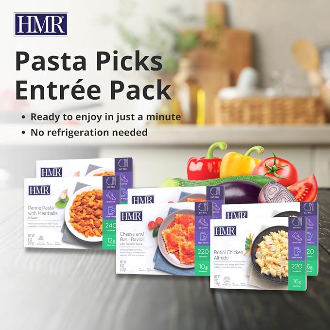 HMR Pasta Picks Entrée Pack, Pre-Packaged Lunch or Dinner to Support Weight Loss, Pack of 6 Ready to Eat Meals, 10-16 grams of Protein per Entrée, Low Calorie Food, 7-8 oz Servings per Meal