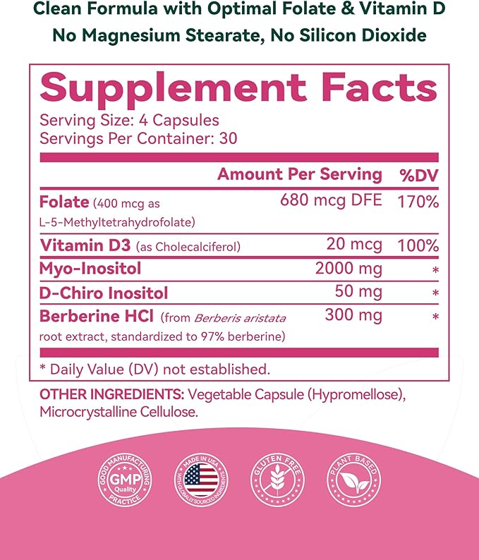 Inositol Supplement for Women, Myo-Inositol & D-Chiro Inositol 40:1, PCOS Support with Berberine, MTHF Folate & Vitamin D3, Supports Ovarian Health, Hormonal Balance & Regular Cycles, 120 Capsules