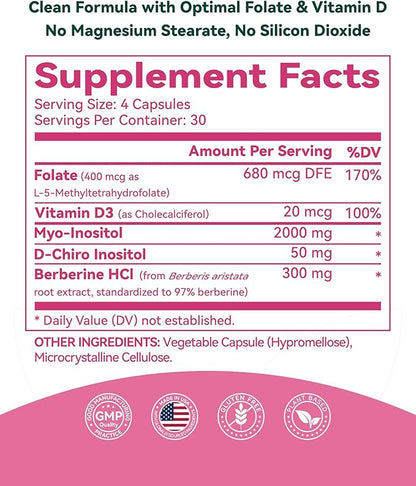 Inositol Supplement for Women, Myo-Inositol & D-Chiro Inositol 40:1, PCOS Support with Berberine, MTHF Folate & Vitamin D3, Supports Ovarian Health, Hormonal Balance & Regular Cycles, 120 Capsules