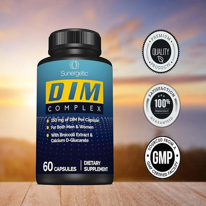 Sunergetic Premium DIM Supplement – 150mg diindolylmethane, Broccoli, Calcium D-Glucarate & Bioperine for Men & Women – DIM Complex for Menopause Support & Balance - 60 Capsules (Pack of 2)