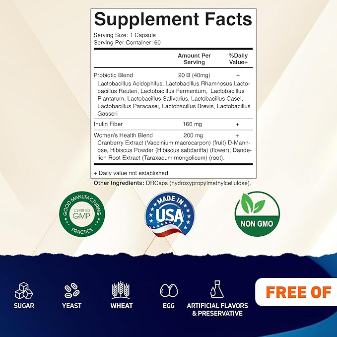 Vitamatic Vaginal Probiotics for Women – 20 Billion CFU, pH Balance & Odor Control, 60 DR Capsules with Prebiotics, Cranberry, D-Mannose, Hibiscus & Dandelion – Feminine Health & Daily Support*