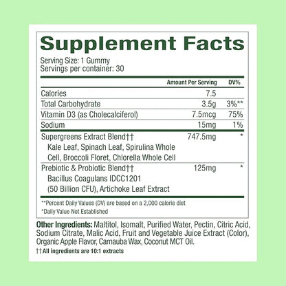 WonderGreens Kids Super Veggie Gummies – Sugar-Free, Allergen-Free Multivitamin for Picky Eaters with Probiotics – Tummy & Immune Support – Green Apple Flavor (30 Count)