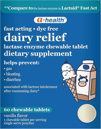 A+Health Dairy Relief Lactase Enzyme 9000 FCC Chewable Tablets, 60 Count, Fast Acting, Dye-Free, Dietary Supplement, Vanilla Flavor, Single Serve Pouches, for Adults and Children 4 Years and Up