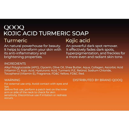 QOOQ Turmeric Kojic Acid Soap for Dark Spots Remover – Facial Cleansing Bar with Vitamin C, Retinol, Collagen, Vitamin E, Glycerin, Shea Butter & Castile Olive Oil – Soap for Women & Men (120g x 2)