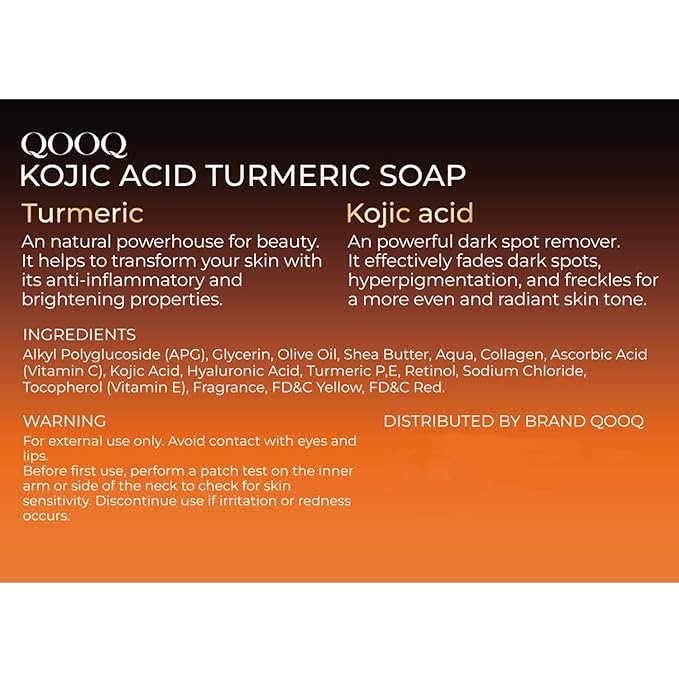 QOOQ Turmeric Kojic Acid Soap for Dark Spots Remover – Facial Cleansing Bar with Vitamin C, Retinol, Collagen, Vitamin E, Glycerin, Shea Butter & Castile Olive Oil – Soap for Women & Men (100g)