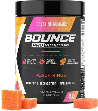 Bounce Pro Creatine Monohydrate Gummies for Men & Women, Low Calorie, 6G of Creatine per Serving, Vegan, Anti-Melting, Gluten-Free, Non-GMO, 2g of Creatine per Gummy (51ct, Peach Rings)