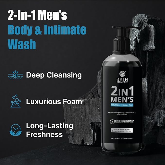 Skin Elements 2-in-1 Body Wash & Intimate Wash for Men| Deep Cleansing Shower Gel| Infused with Activated Charcoal & Neem Extracts| Thicker Consistency | Controls Odor| All Skin Types | 16.9 fl oz