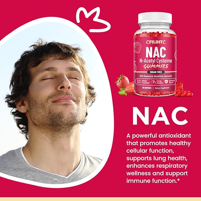 CFILIHTC NAC Gummies 600mg, N Acetyl Cysteine Supplement with Glutathione, Resveratrol, Magnesium, CoQ10, NAC Chewable for Antioxidants & Immune Support, Strawberry Flavor 60 Gummies