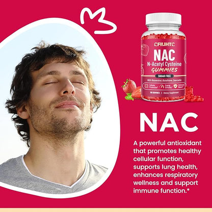 CFILIHTC NAC Gummies 600mg, N Acetyl Cysteine Supplement with Glutathione, Resveratrol, Magnesium, CoQ10, NAC Chewable for Antioxidants & Immune Support, Strawberry Flavor 60 Gummies
