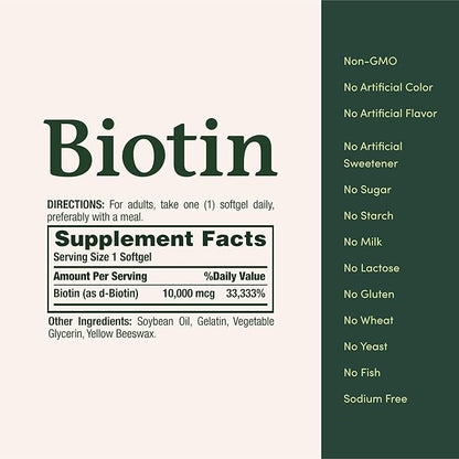 Nature's Bounty Biotin Hair Skin and Nails Vitamins, Supports Healthy Hair, Skin and Nails, 10,000 mcg, Rapid Release Softgels, 180 Ct