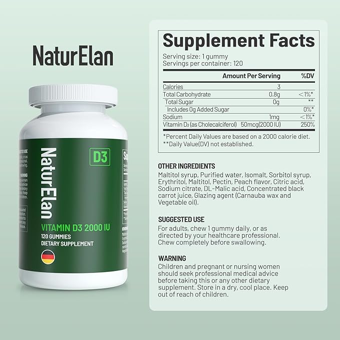 NaturElan 2 Pack Vitamin D3 Gummies - 240 Gummies, 2000 IU Vitamin D3 per Gummy, Sugar Free, Boost Bones, Mood & Immune System Function, Yummy Peach Flavor, Vegan, Non-GMO & Gluten Free, 240 Servings
