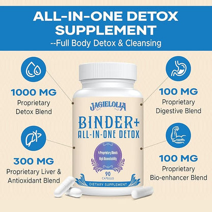 All-In-One Detox Binder Supplement 1500 MG - High Bioavailability, Liver Gut Detox Cleanse with Activated Charcoal, Zeolite & Bentonite Clay for Toxins, Liver, Digestive, 180 Vegan Capsules