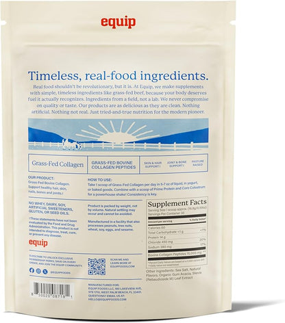 Equip Foods Grass Fed Collagen Powder | Hydrolyzed Bovine Collagen Peptides with Amino Acids | Prime Beef Collagen for Healthy Joints, Skin & Nails | Non-GMO, Paleo Friendly | 30 Servings, Vanilla