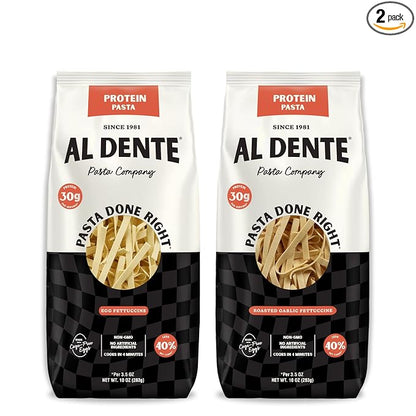 Al Dente Protein Pasta Egg & Roasted Garlic Fettuccine - 30g High Protein in 3.5oz Serving, Lower Carb. Cage-Free Eggs & Semolina. (Previously Carba-Nada, Packaging May Vary) - 10oz Bags (Pack of 2)