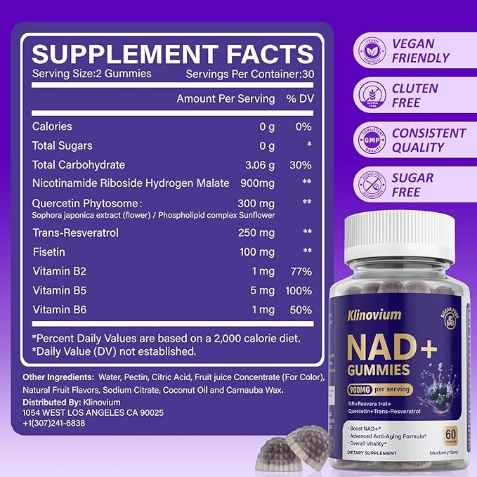 NAD Gummies with Nicotinamide Riboside, NAD+ Supplement for Women & Men with Trans-Resveratrol, Fisetin, Vitamin B2, B5, B6, Anti-Aging, Cell Regeneration & Energy, Sugar-Free, 60 Gummies