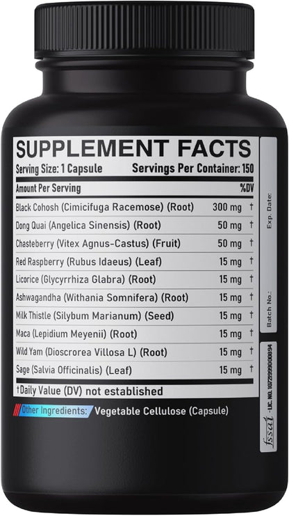 DEDICAD 12in1 Black Cohosh 5-Month Supply for Menopause Support Supplement with Dong Quai, Chasteberry, Red Raspberry, Licorice, Wild Yam & More - 150 Capsules