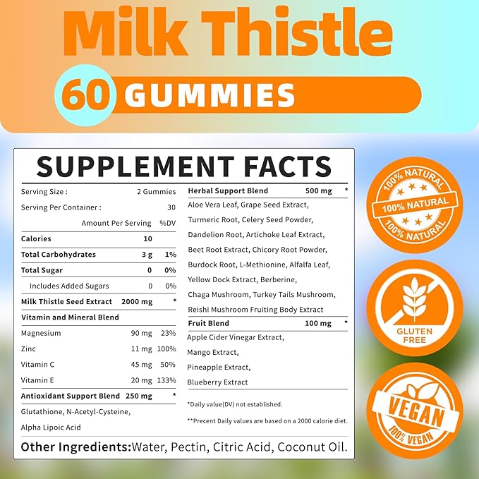 Liver Cleanse Detox & Repair 2000 Mg Milk Thistle Gummies - Mango Pineapple - with NAC, Glutathione, Dandelion Root, Aloe Vera Leaf, etc, Gluten-Free, 60 Count