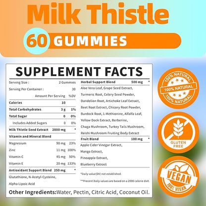 Liver Cleanse Detox & Repair 2000 Mg Milk Thistle Gummies - Mango Pineapple - with NAC, Glutathione, Dandelion Root, Aloe Vera Leaf, etc, Gluten-Free, 60 Count