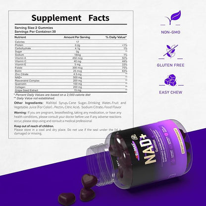 NAD Gummies with Resveratrol, Multivitamin Blend, Quercetin, Collagen and Zinc, Chewable NAD Gummy for Women, Natural Grape Flavor, Convenient Daily Chew, 60 Count