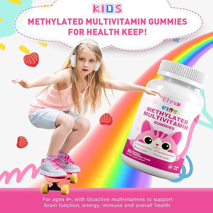 Kids Methylated Multivitamin Chewable Gummies, MTHFR Supplement with L Methylfolate, Magnesium, Biotin, Choline, Inositol, DHA, TMG & Coq 10, Immune & Brain Support, Strawberry Flavor, 60 Ct