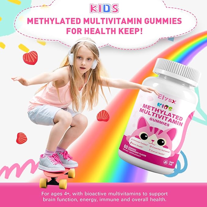 Kids Methylated Multivitamin Chewable Gummies, MTHFR Supplement with L Methylfolate, Magnesium, Biotin, Choline, Inositol, DHA, TMG & Coq 10, Immune & Brain Support, Strawberry Flavor, 120 Ct