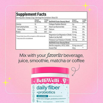 Belli Welli Unflavored Daily Fiber Supplement Powder with Collagen, Probiotics & Electrolytes | Supports Digestive Health, Gut Balance & Debloating, Sugar Free | 30 Servings