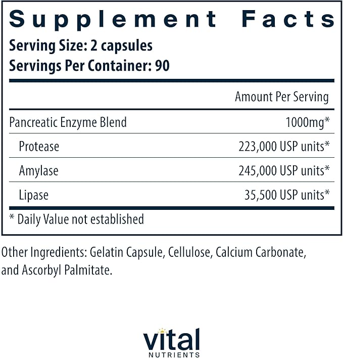 Vital Nutrients Pancreatic Enzymes 1000mg (Full Strength) - Pancreatin Digestion Supplement with Protease, Amylase & Lipase - Digestive Enzymes - Gluten, Dairy, and Soy Free - 180 Capsules