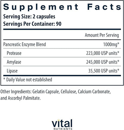 Vital Nutrients Pancreatic Enzymes 1000mg (Full Strength) - Pancreatin Digestion Supplement with Protease, Amylase & Lipase - Digestive Enzymes - Gluten, Dairy, and Soy Free - 180 Capsules