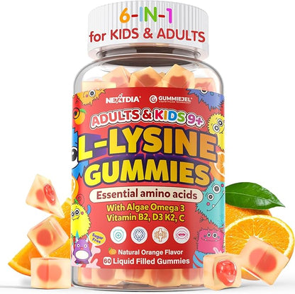 L-Lysine Gummies 500/1000mg with Algae Omega 3, Vitamin B2, D3, K2, C for Kids 9+, Teen & Adult, Lysine Supplement Support Immune, Lip & Oral, Collagen Production, Brain, Bone Health, Sugar Free 1Pack
