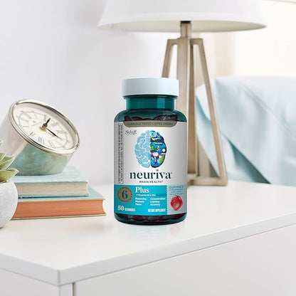 NEURIVA Plus Decaffeinated Nootropic Brain Supplement for Memory, Focus & Concentration & Cognitive Function, Clinically Tested NeuroFactor, Phosphatidylserine, Vitamins B6 B12,50ct Strawberry Gummies