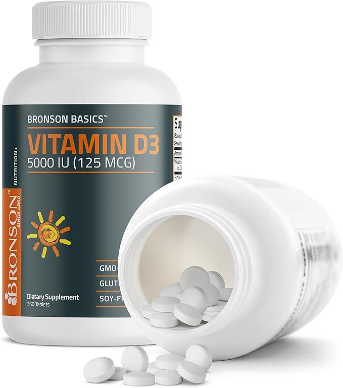Bronson Vitamin D3 5000iu (125mcg) Healthy Muscle Function and Immune Support, Non-GMO, 360 Tablets