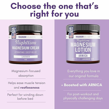 Magnum Solace Nighttime Magnesium Lotion with Arnica – Highly Concentrated Magnesium for Muscles & Joints – Apply to Legs or Feet Before Bed – Skin-Friendly
