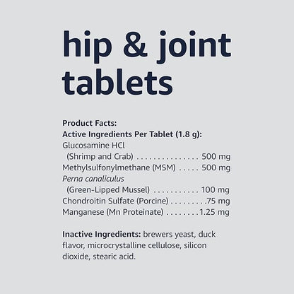 Amazon Basics Dog Hip & Joint Daily Chewable Tablets, with Glucosamine, MSM, and Chondroitin, Duck Flavored, 120 Count (Previously Solimo)
