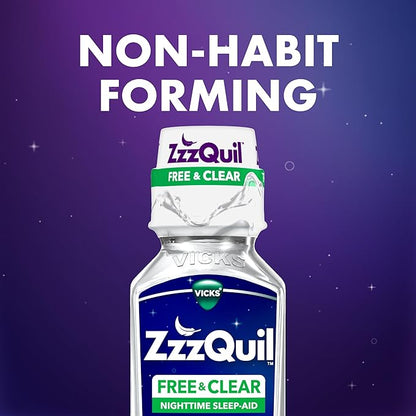 ZzzQuil Liquid Sleep Aid, Diphenhydramine 50mg HCI, Free & Clear, Free of Alcohol and Artificial Dyes, Nighttime Sleep Aid Liquid, Non-Habit Forming, Strawberry Flavored, 2 Pack, 24 FL OZ