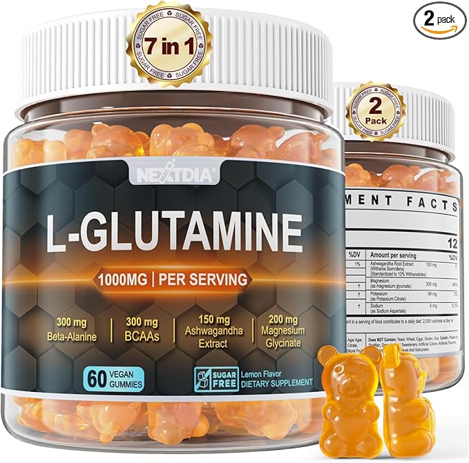 Nextdia L-Glutamine 1000mg Gummies for Women & Men| with Beta-Alanine, BCAAs, Magnesium Glycinate, Potassium & Ashwagandha | Vegan | Sugar-Free & Extra-Chewy | 120 Counts