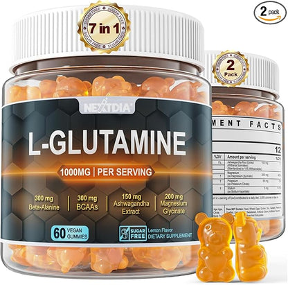 Nextdia L-Glutamine 1000mg Gummies for Women & Men| with Beta-Alanine, BCAAs, Magnesium Glycinate, Potassium & Ashwagandha | Vegan | Sugar-Free & Extra-Chewy | 120 Counts