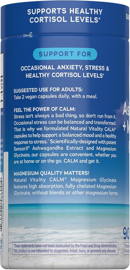 Natural Vitality Calm Ashwagandha + Magnesium Glycinate Capsules | Support for Occasional Stress & Anxiety | Gluten Free Supplement | 90 Count
