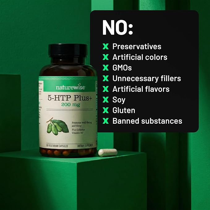 NatureWise 5-HTP 200mg Supplement from Griffonia Seeds with Cofactor Vitamin B6 - Mood Support and Natural Sleep Aid for Adults - Delayed-Release, Vegan - 30 Count[1-Month Supply]