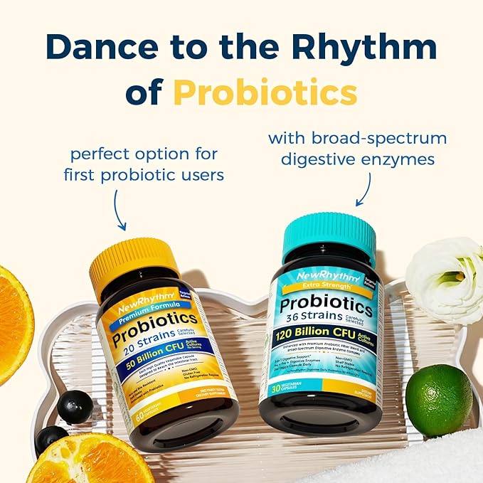 NewRhythm Probiotics 50 Billion CFU 20 Strains, 60 Veggie Capsules, Targeted Release Technology, Stomach Acid Resistant, No Need for Refrigeration, Non-GMO, Gluten Free