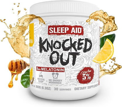 5% Nutrition Rich Piana Knocked Out Natural Sleep Aid Powder | Post-Workout Recovery & Deep Sleep Supplement | GABA, Melatonin, Chamomile, Tyrosine, 5-HTP, & More | 30 Servings (Honey Lemon Tea)