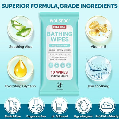 No Rinse Bathing Wipes for Adults - Extra Thick 8x12 Inch Disposable Shower Wipes, Hypoallergenic Unscented Body Cleansing Cloths for Bed Bath, Hospital, Travel, Camping - 300 Count(30 Packs)