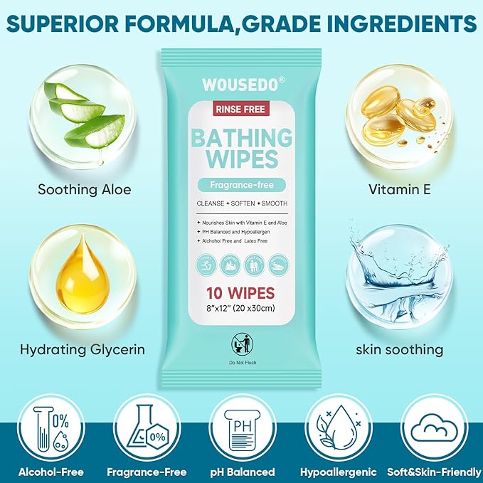 No Rinse Bathing Wipes for Adults - Extra Thick 8x12 Inch Disposable Shower Wipes, Hypoallergenic Unscented Body Cleansing Cloths for Bed Bath, Hospital, Travel, Camping - 100 Count(10 Packs)