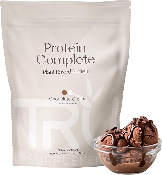 TRU Supplements Plant Based Protein Powder, BCAA, EAA, 20g Vegan Brown Rice & Pea Protein, 100 Calories, 27 Vitamins, No Artificial Flavors 25 Servings (Natural Chocolate Cream)