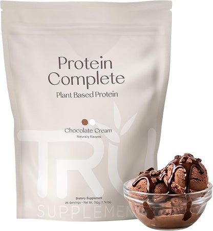 TRU Supplements Plant Based Protein Powder, BCAA, EAA, 20g Vegan Brown Rice & Pea Protein, 100 Calories, 27 Vitamins, No Artificial Flavors 25 Servings (Natural Chocolate Cream)
