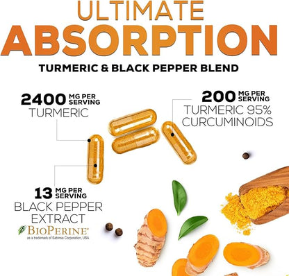 Turmeric Curcumin Supplement - 2400mg Organic Turmeric Per Serving - 95% Curcuminoids & BioPerine Black Pepper Extract for Best Absorption - Natural Vegan Joint Support, Bottled in USA - 120 Capsules