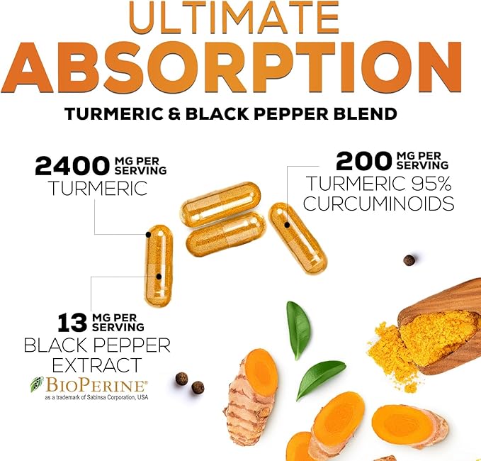 Turmeric Curcumin Supplement - 2400mg Organic Turmeric Per Serving - 95% Curcuminoids & BioPerine Black Pepper Extract for Best Absorption - Natural Vegan Joint Support - Bottled in USA - 60 Capsules